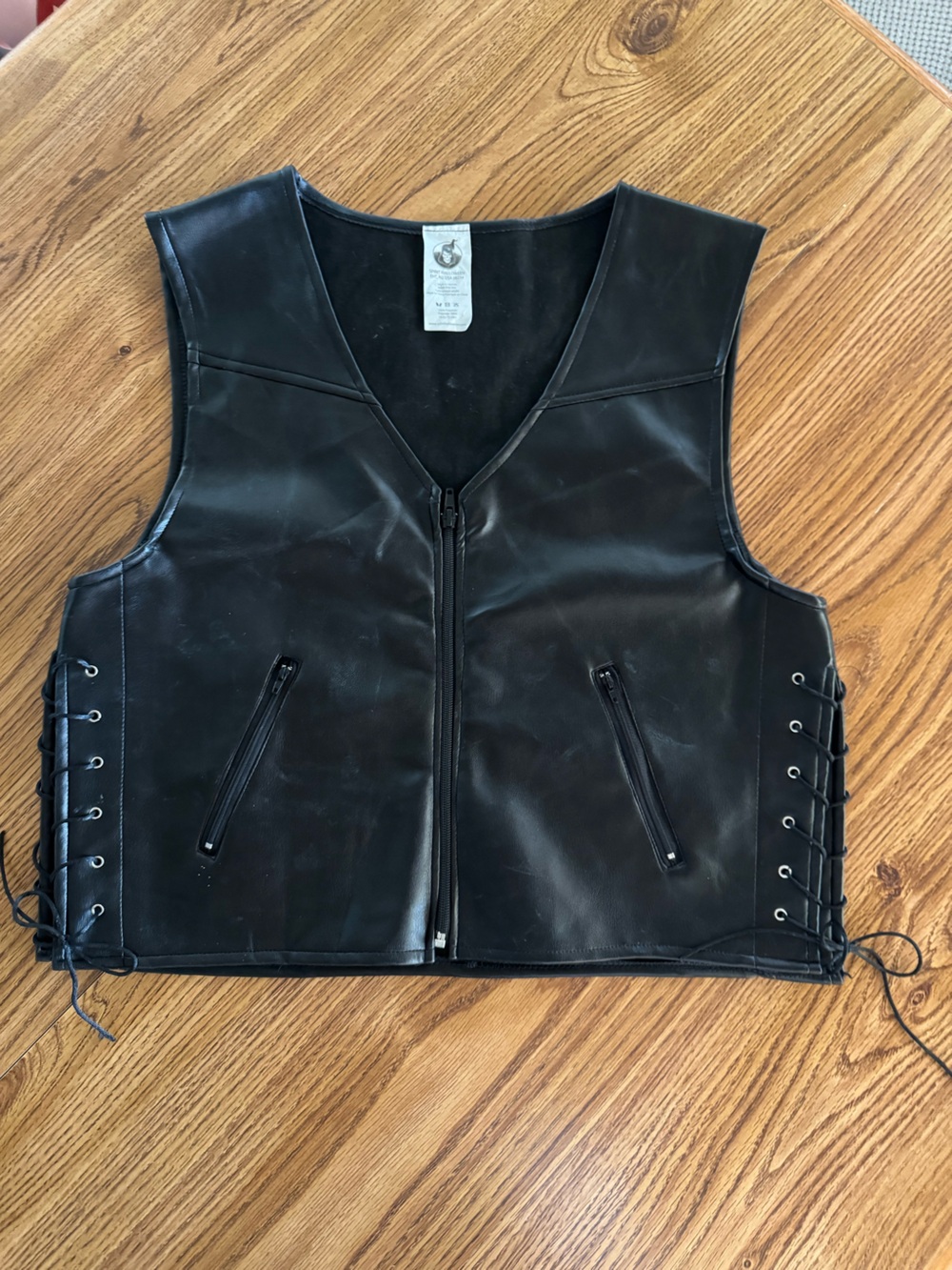 Spirit Halloween pleather motorcycle vest front zipper side laces One Size